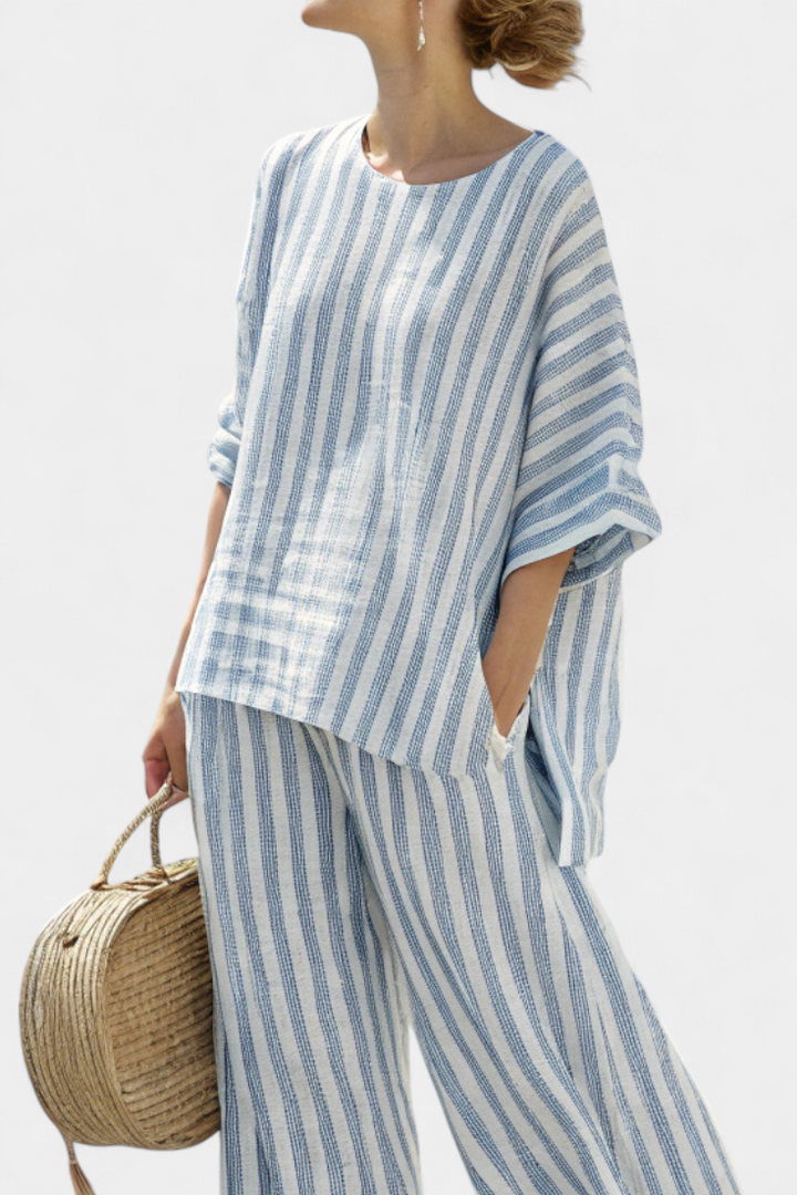 Matilda Young | Striped Linen Top & Wide Leg Pants Set For Women