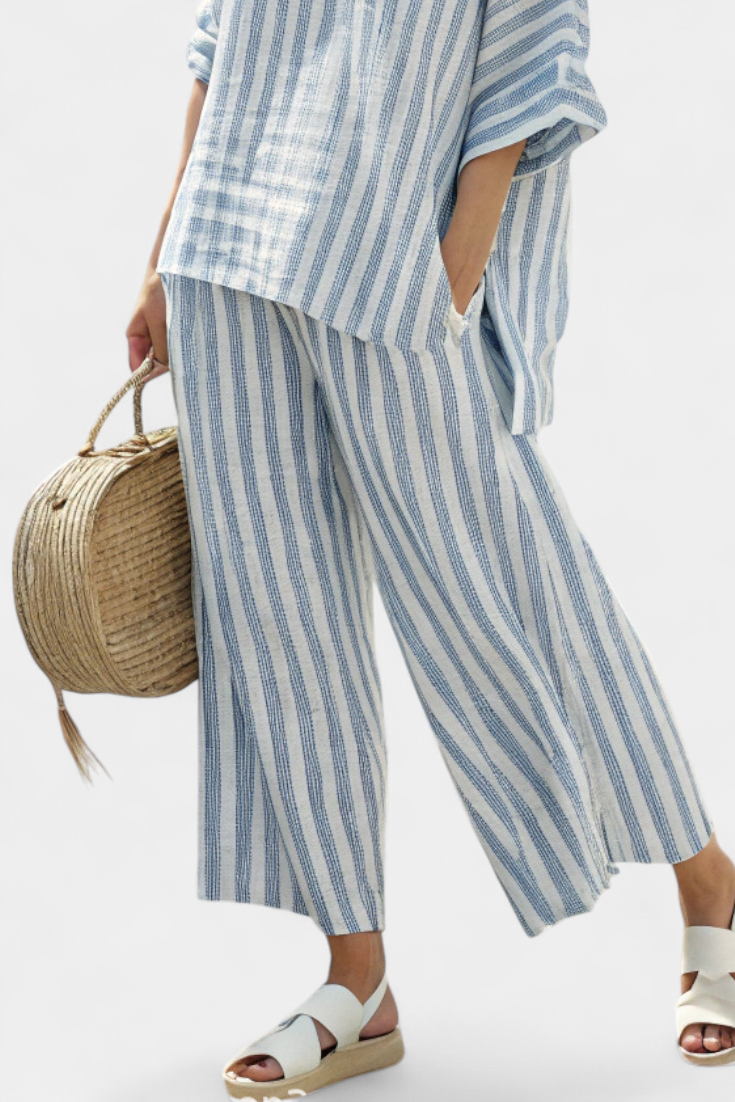 Matilda Young | Striped Linen Top & Wide Leg Pants Set For Women