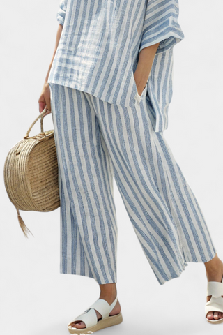 Matilda Young | Striped Linen Top & Wide Leg Pants Set For Women