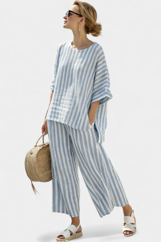 Matilda Young | Striped Linen Top & Wide Leg Pants Set For Women