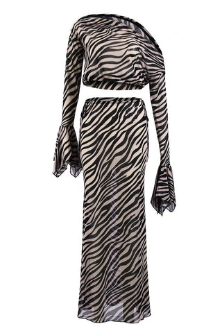 Tara Kingsley | Zebra Print Mesh Crop Top & Maxi Skirt Set For Women