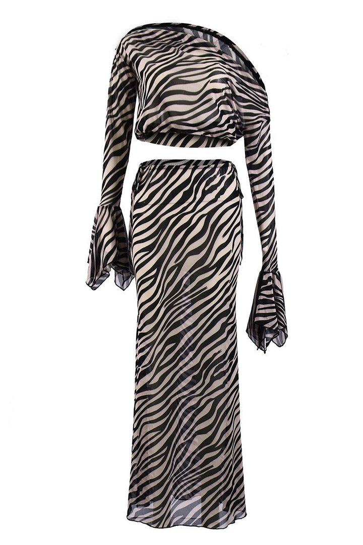 Tara Kingsley | Zebra Print Mesh Crop Top & Maxi Skirt Set For Women