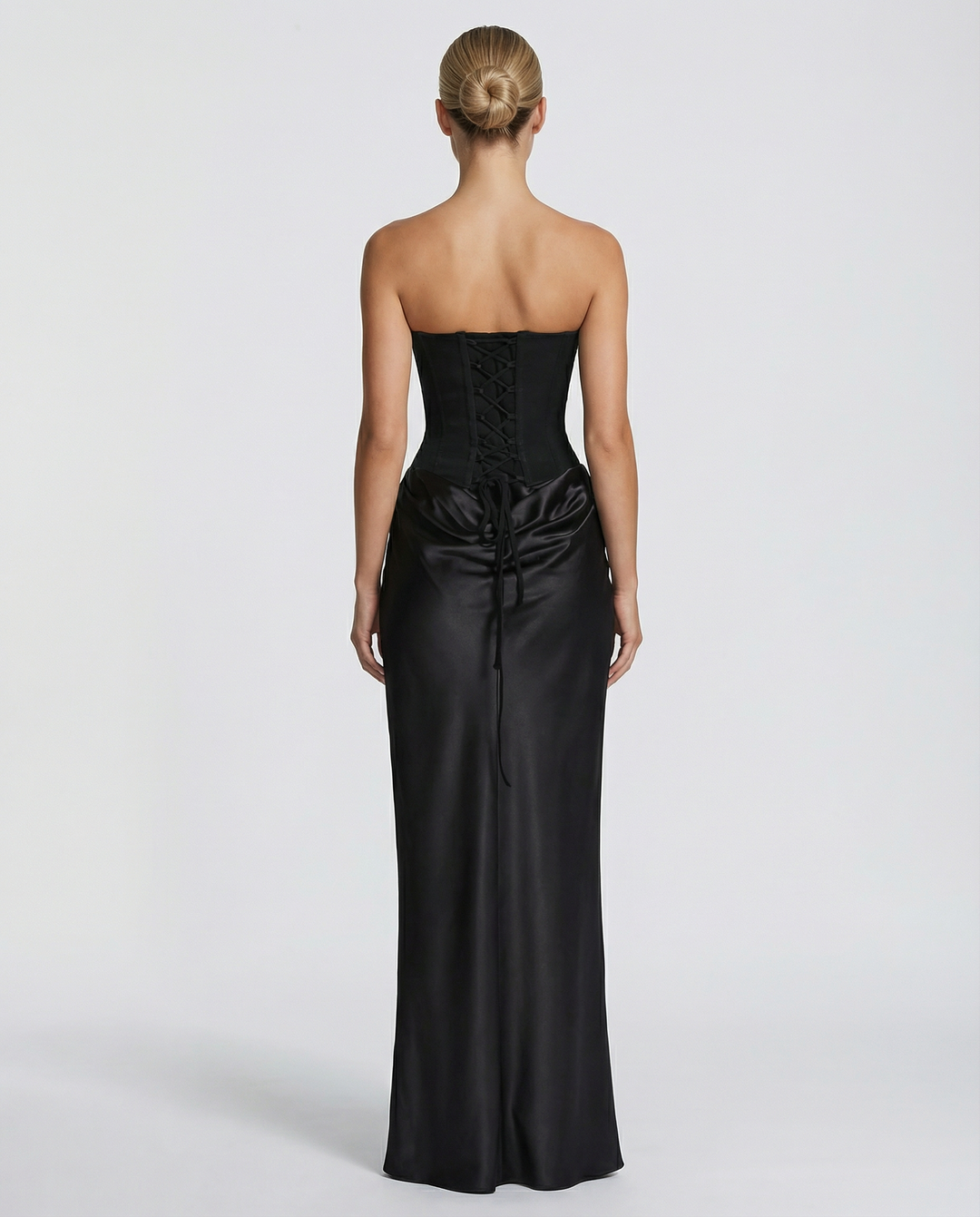 Vivienne Moretti | Black Satin Corset Maxi Dress For Women