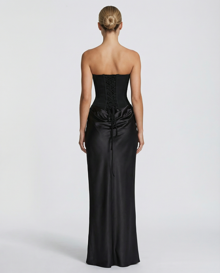 Vivienne Moretti | Black Satin Corset Maxi Dress For Women