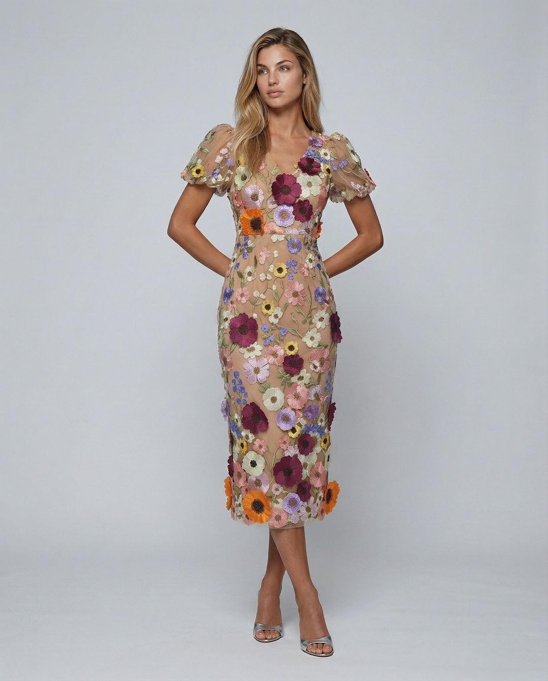 Amelia Thornton | V Neck Floral Embroidered Midi Dress For Women