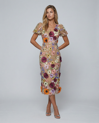 Amelia Thornton | V Neck Floral Embroidered Midi Dress For Women