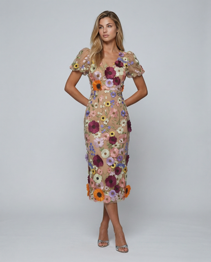 Amelia Thornton | V Neck Floral Embroidered Midi Dress For Women
