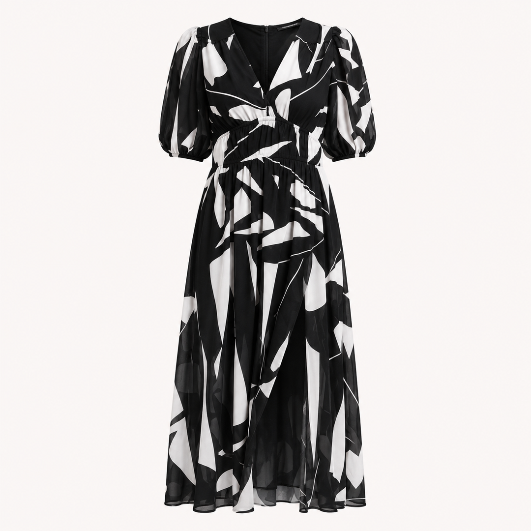 Phoebe Harrison | V-Neck Puff Sleeve Pleated Midi Dress For Women