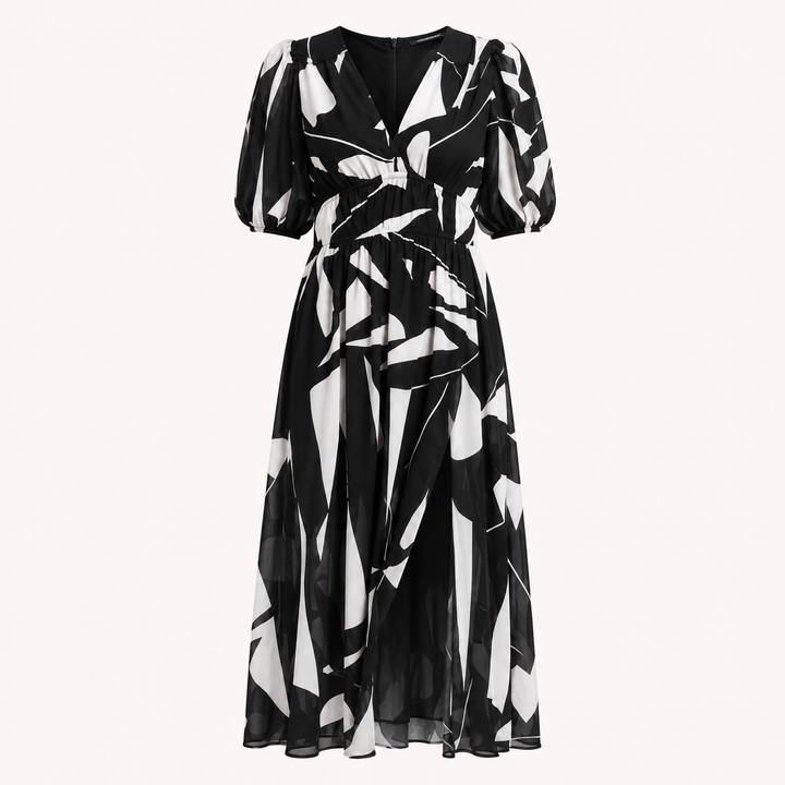 Phoebe Harrison | V-Neck Puff Sleeve Pleated Midi Dress For Women