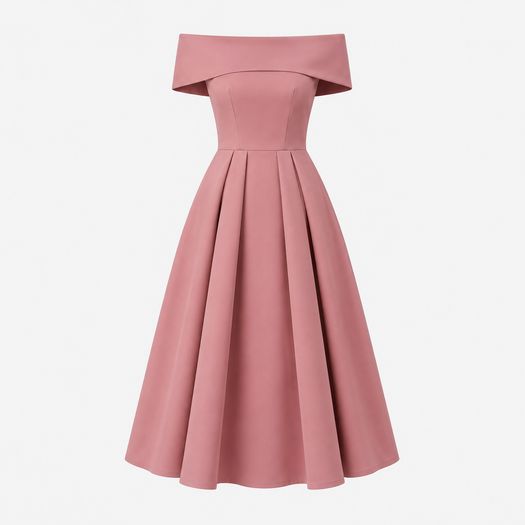 Phoebe Walker | Off-Shoulder Tea Length Satin Dress For Women