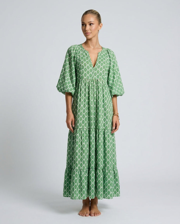 Mia Harrington | V-Neck Balloon Sleeve Tiered Maxi Dress For Women