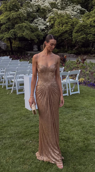 Imogen Sutton | Gold Metallic Corset Maxi Dress For Women