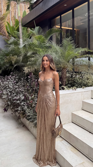 Imogen Sutton | Gold Metallic Corset Maxi Dress For Women