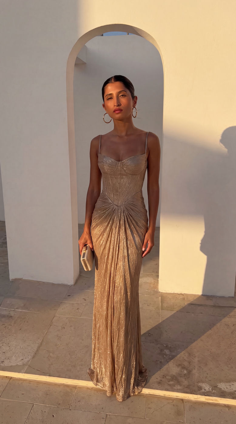Imogen Sutton | Gold Metallic Corset Maxi Dress For Women