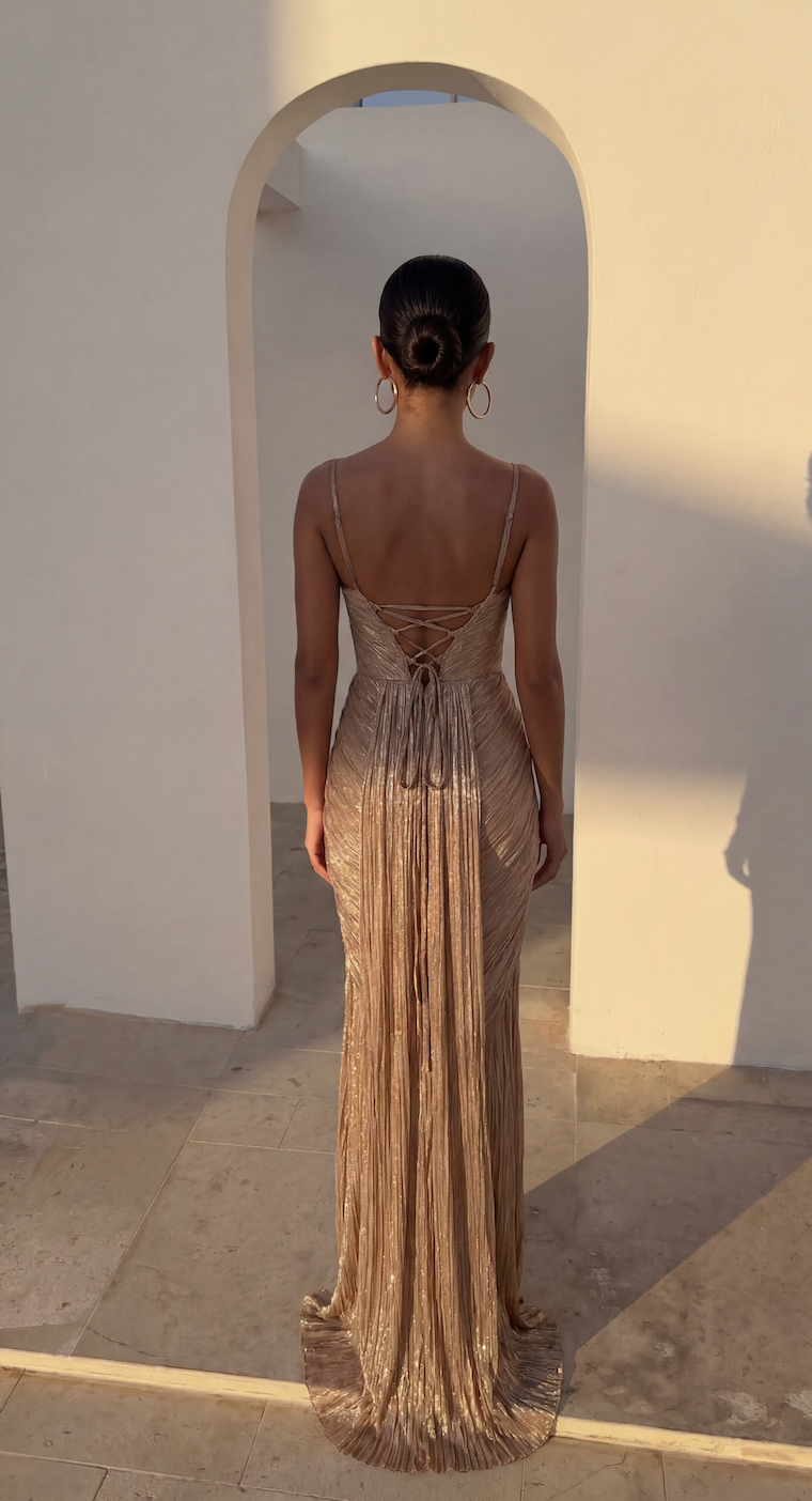 Imogen Sutton | Gold Metallic Corset Maxi Dress For Women