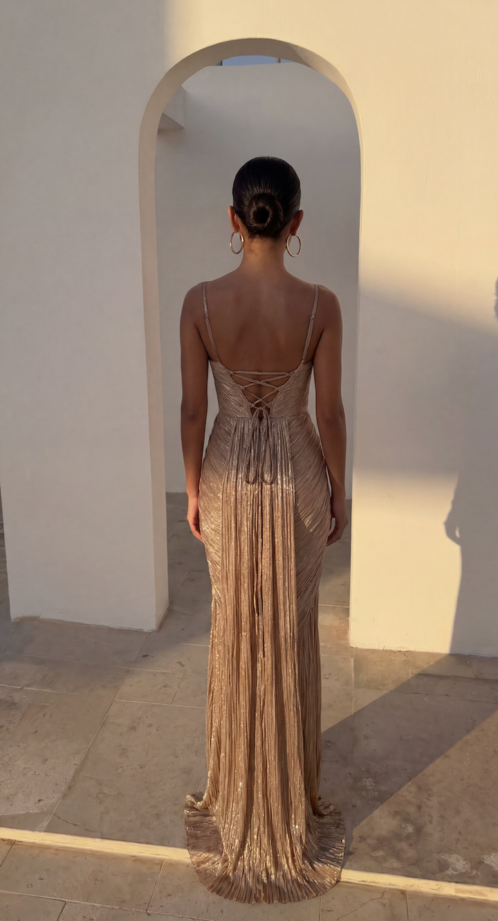 Imogen Sutton | Gold Metallic Corset Maxi Dress For Women