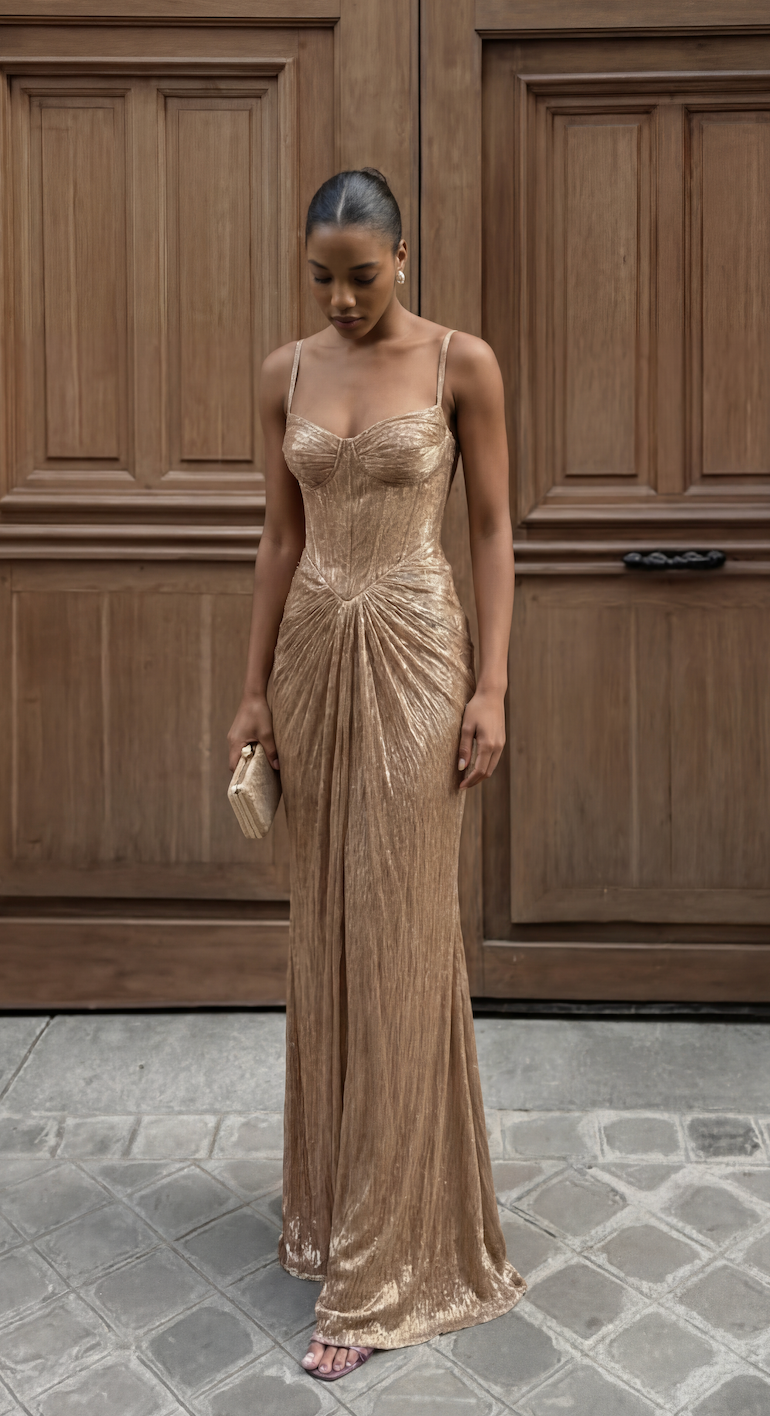 Imogen Sutton | Gold Metallic Corset Maxi Dress For Women