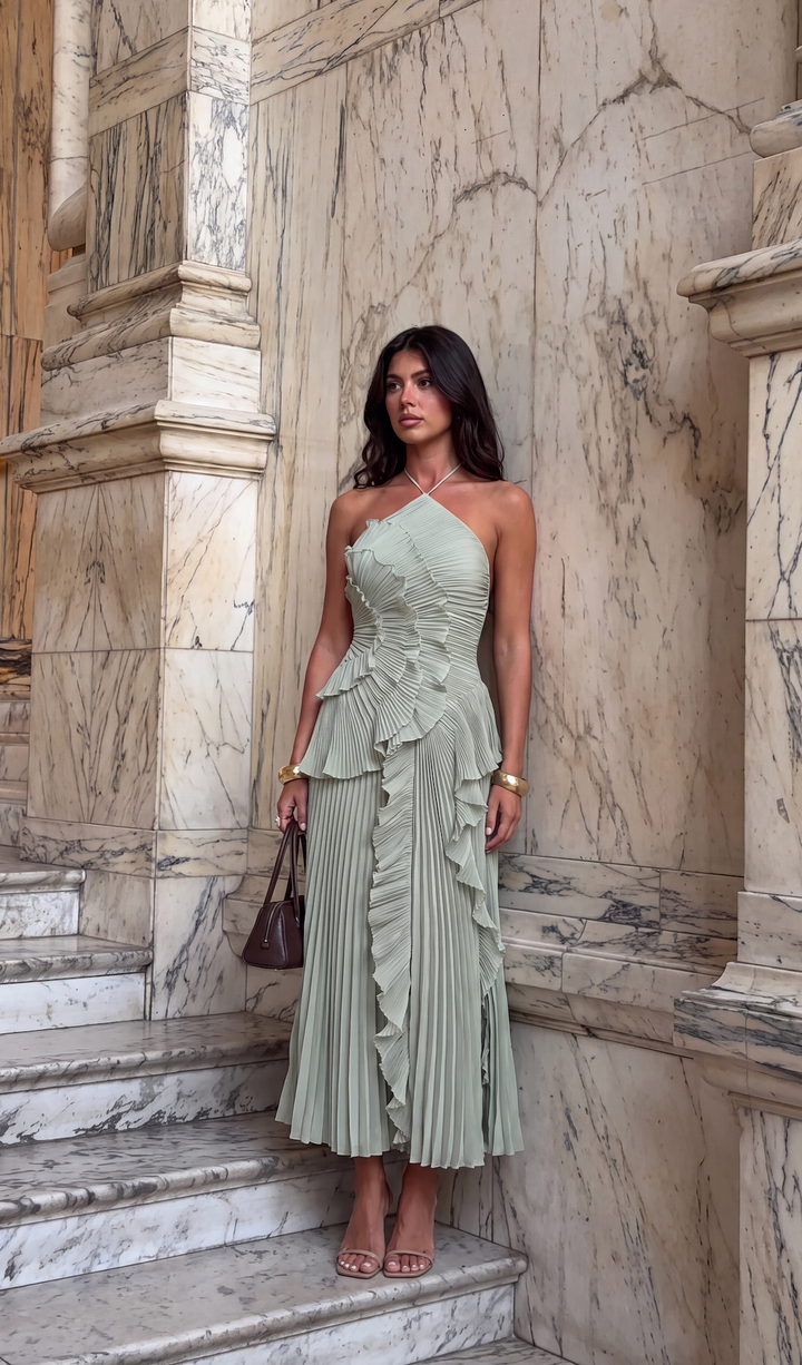 Grace Holloway | Pleated Ruffle Halter Maxi Dress For Women