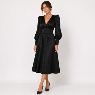 Sienna Calloway | Satin Button-Down V-Neck Midi Dress For Women
