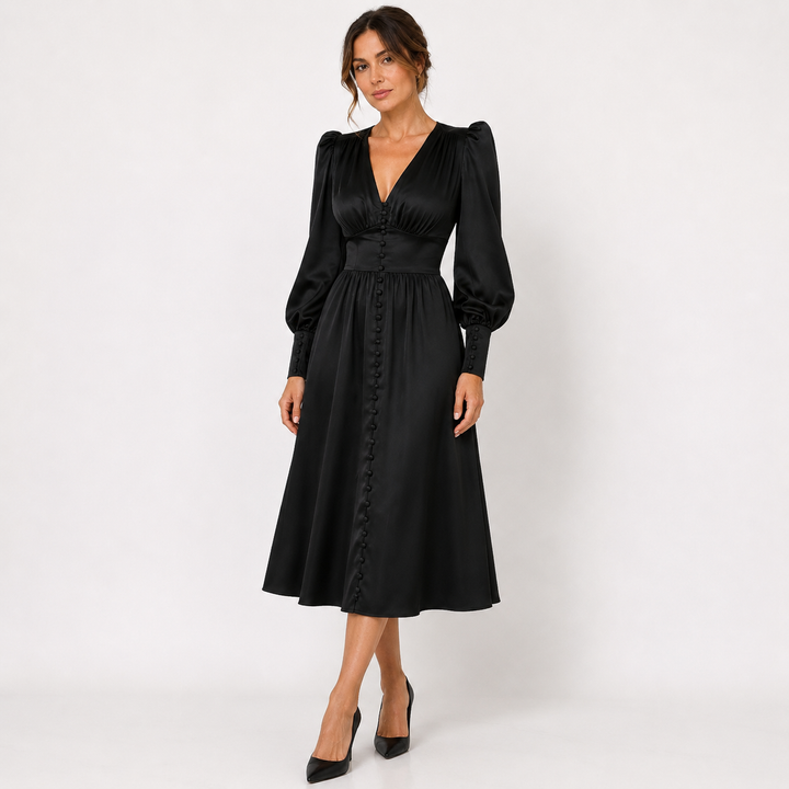 Sienna Calloway | Satin Button-Down V-Neck Midi Dress For Women
