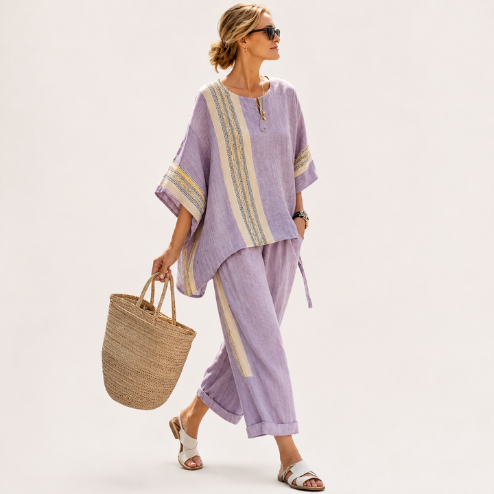 Sienna Rafferty | Linen Contrast Trim Two-Piece Set For Women