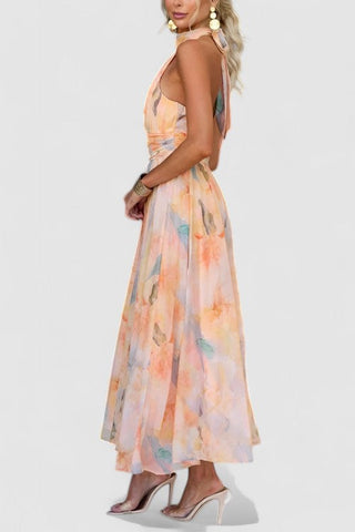 Élodie Moreau | Floral Halter Maxi Dress with Flowing Elegance For Women