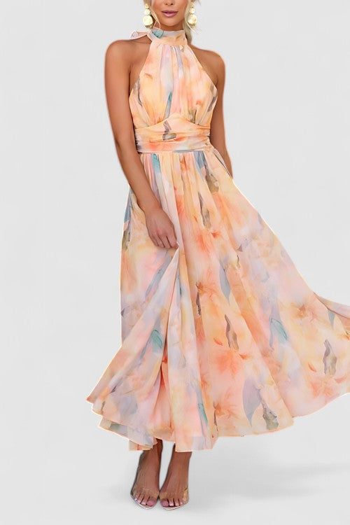 Élodie Moreau | Floral Halter Maxi Dress with Flowing Elegance For Women