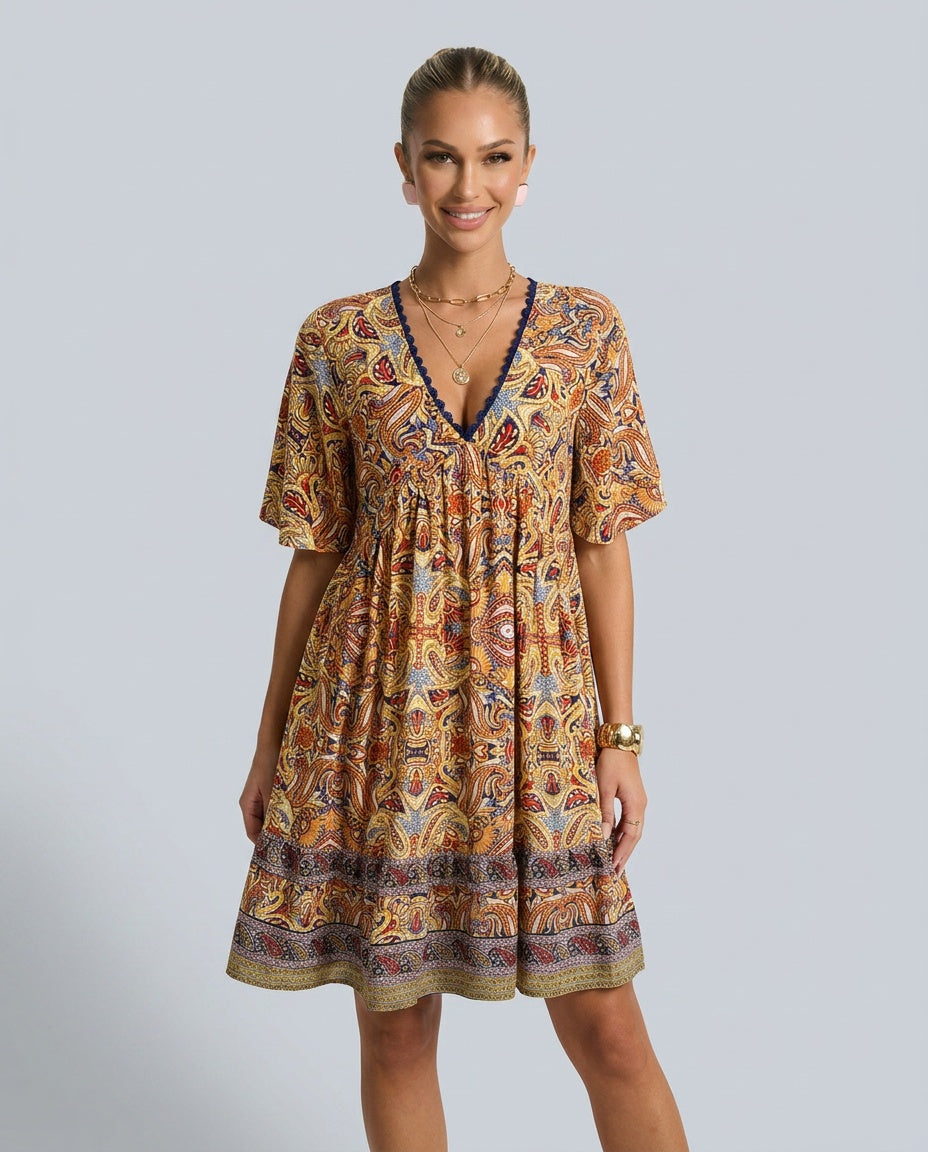 Brooke Flemming | V-Neck Flared Sleeve Paisley Mini Dress For Women