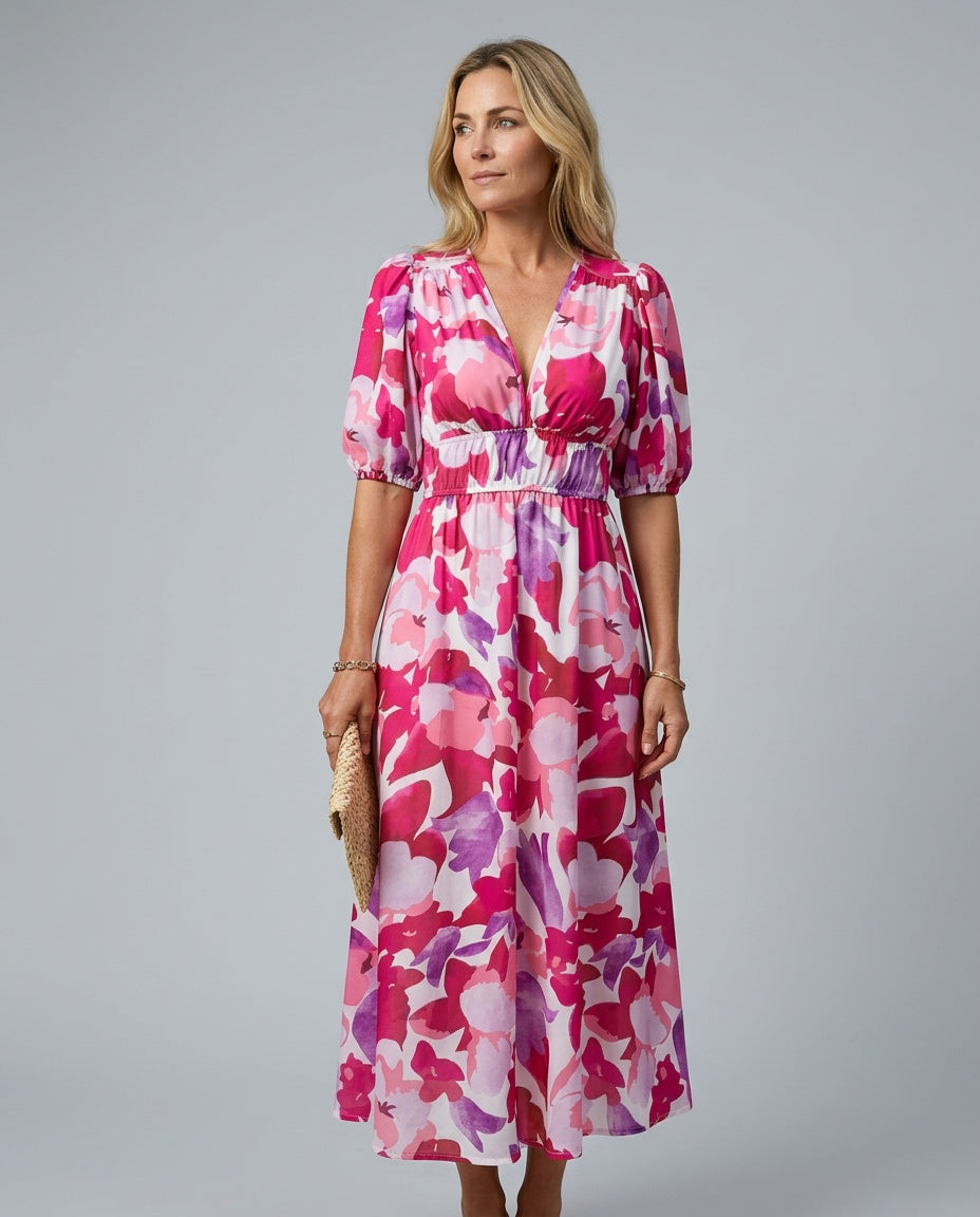 Phoebe Harrison | V-Neck Puff Sleeve Pleated Midi Dress For Women