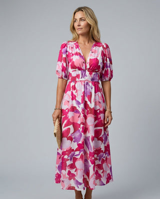 Phoebe Harrison | V-Neck Puff Sleeve Pleated Midi Dress For Women