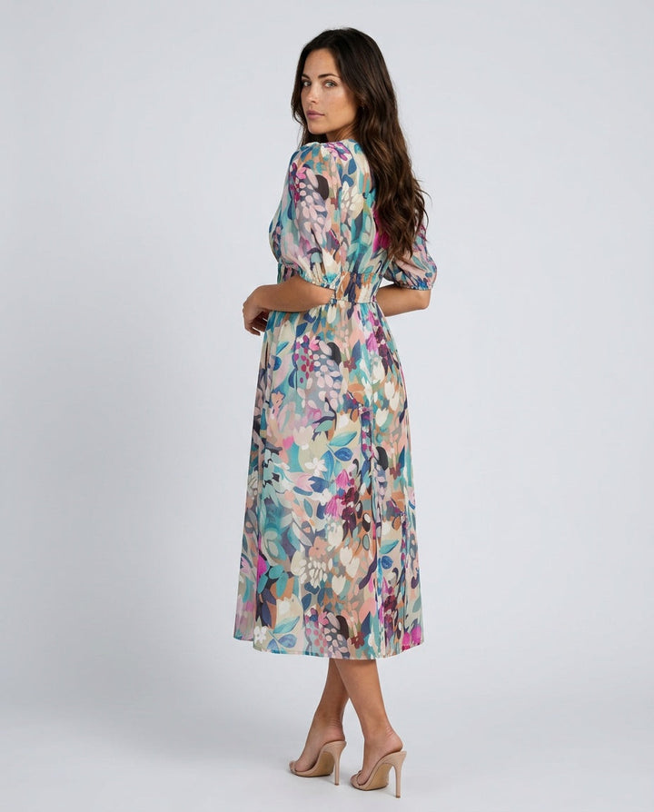 Phoebe Harrison | V-Neck Puff Sleeve Pleated Midi Dress For Women