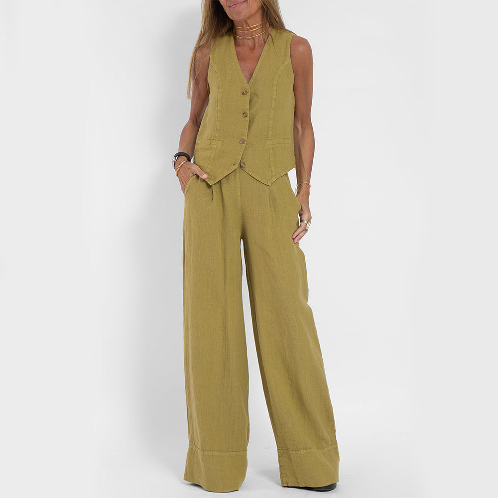 Emma Sheridan | Linen Vest & Wide-Leg Pants Set For Women