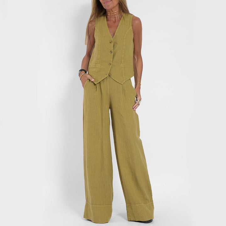 Emma Sheridan | Linen Vest & Wide-Leg Pants Set For Women