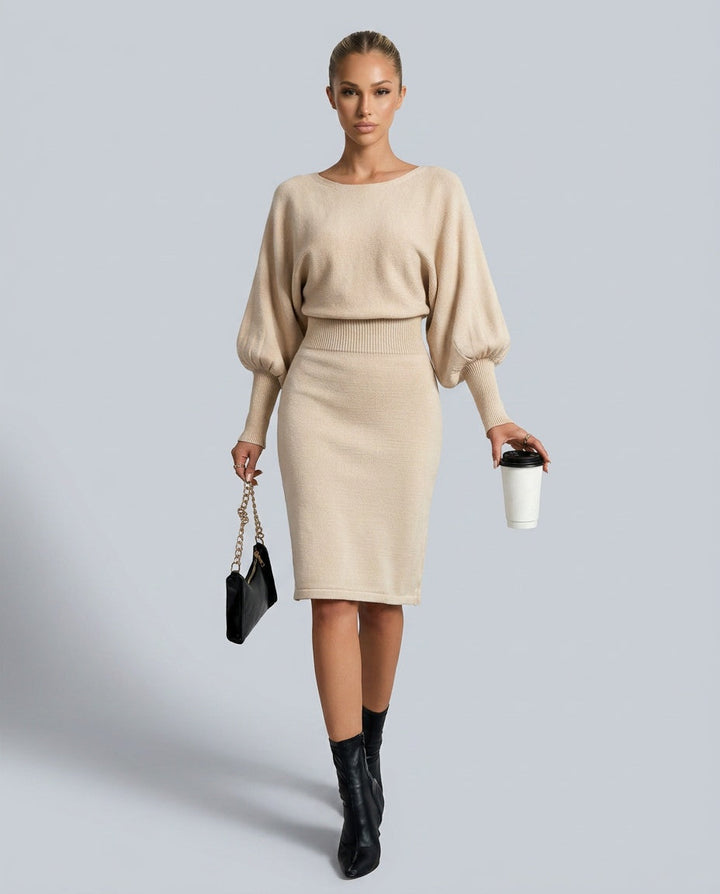 Charlotte Fielding | Balloon Sleeve Knit Midi Dress For Women