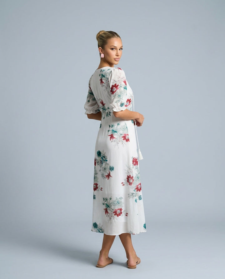 Isla Hargreaves | Ikat Print Tassel V-Neck Midi Dress For Women