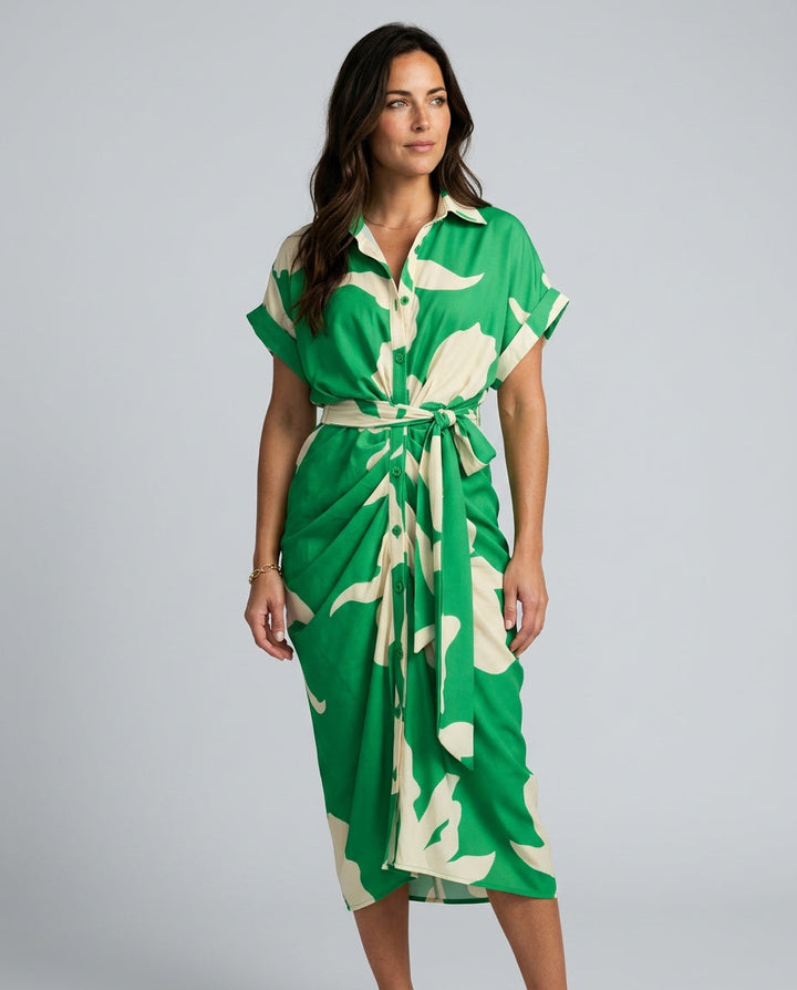 Brooke Callaway | Belted Short Sleeve Midi Shirt Dress For Women