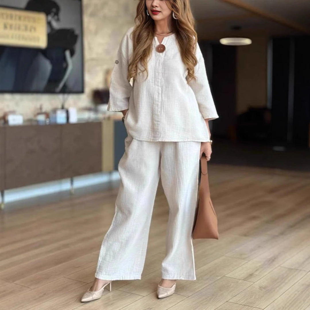 Phoebe Collins | Linen Tunic & Wide Leg Palazzo Pants Set For Women