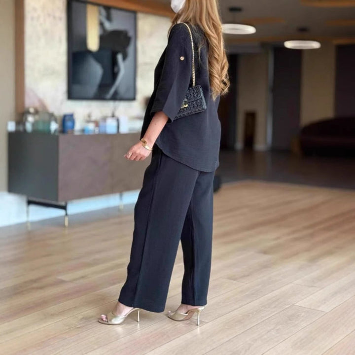 Phoebe Collins | Linen Tunic & Wide Leg Palazzo Pants Set For Women