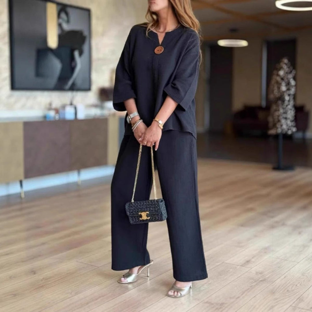 Phoebe Collins | Linen Tunic & Wide Leg Palazzo Pants Set For Women