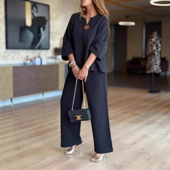 Phoebe Collins | Linen Tunic & Wide Leg Palazzo Pants Set For Women