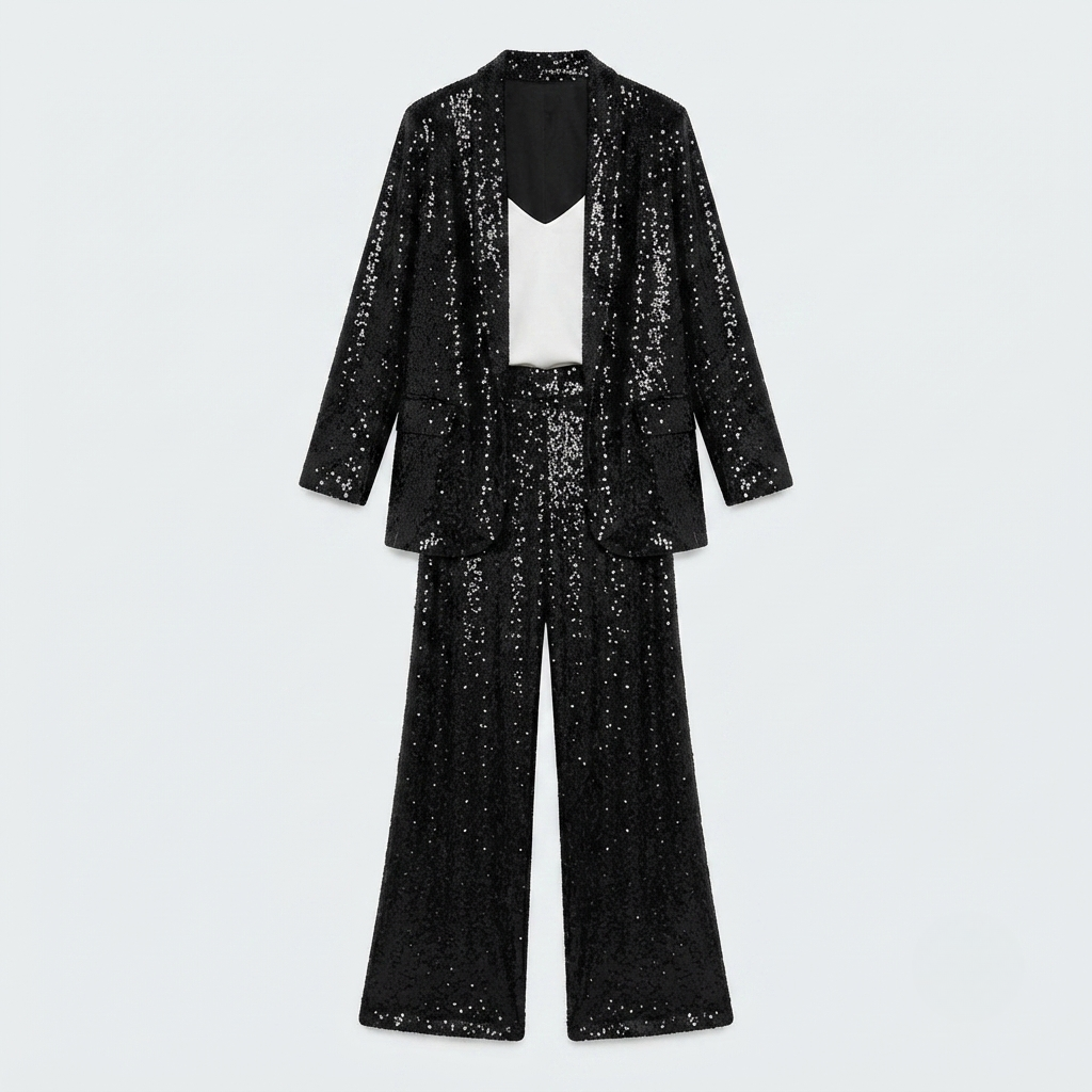 Amelia Hughes | Sequin Two-Piece Set With High-Waisted Pants For Women