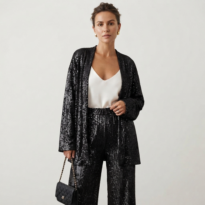 Amelia Hughes | Sequin Two-Piece Set With High-Waisted Pants For Women