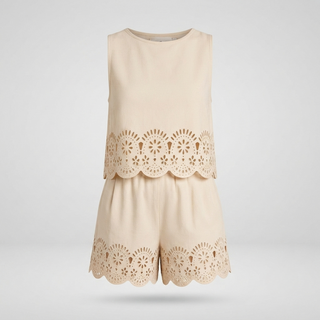 Amelia Rafferty | Eyelet Scallop Crop Tank & Shorts Set For Women — Butter Yellow