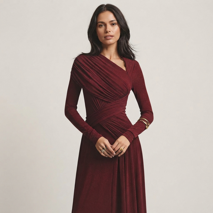 Arabella Kingston | Asymmetric Ruched Long Sleeve Evening Maxi Dress For Women