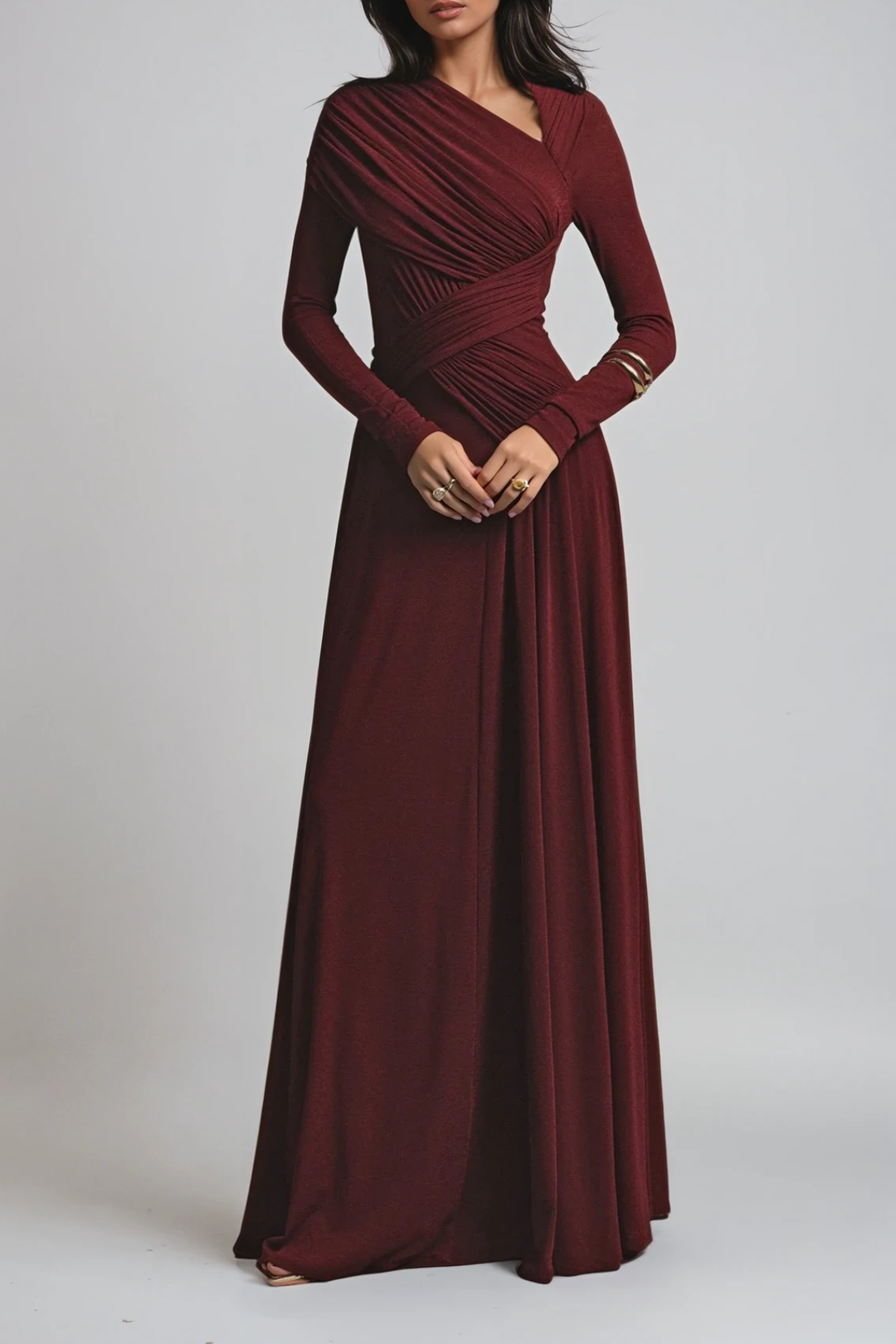 Arabella Kingston | Asymmetric Ruched Long Sleeve Evening Maxi Dress For Women