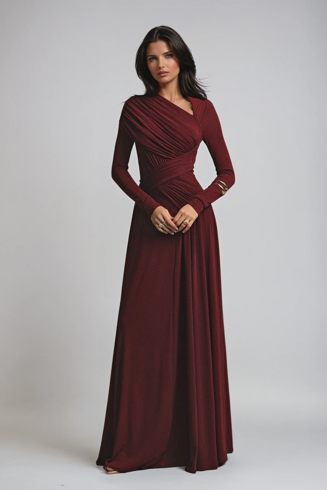 Arabella Kingston | Asymmetric Ruched Long Sleeve Evening Maxi Dress For Women