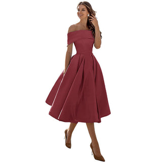 Phoebe Walker | Off-Shoulder Tea Length Satin Dress For Women