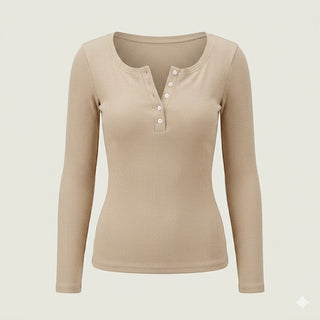Elise Laurent | Ribbed Button Long Sleeve Top For Women