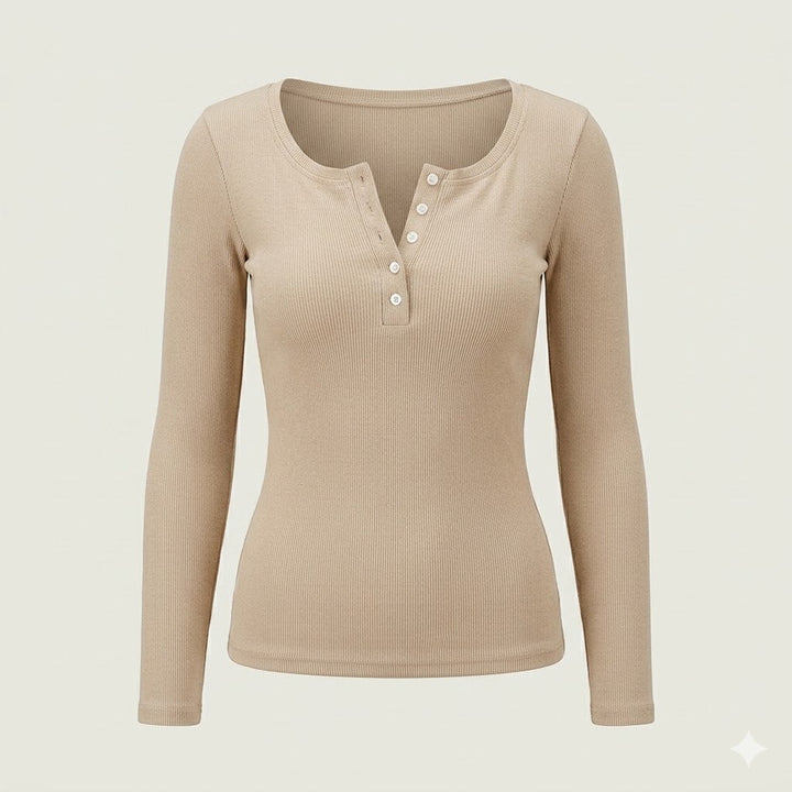 Elise Laurent | Ribbed Button Long Sleeve Top For Women