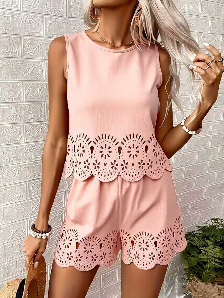 Amelia Rafferty | Eyelet Scallop Crop Tank & Shorts Set For Women — Butter Yellow